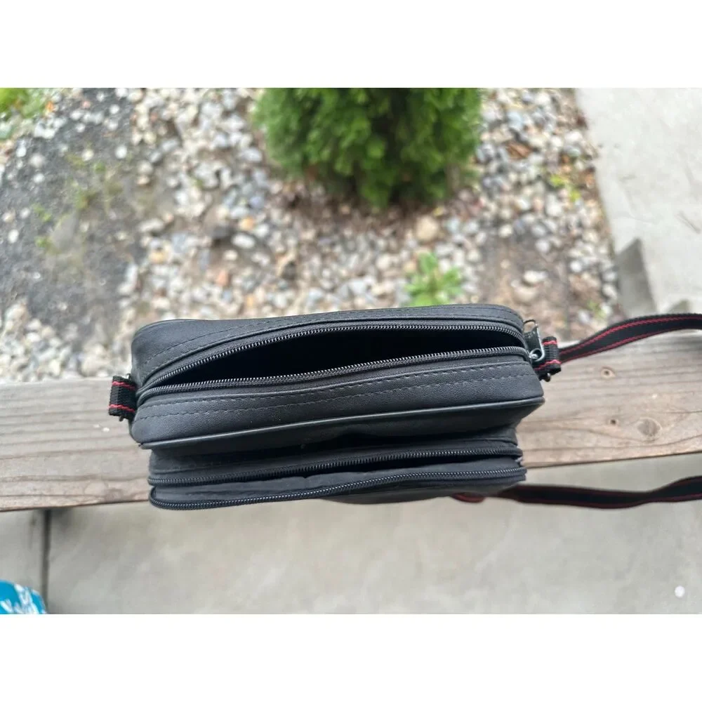 Vintage Canon Black Faux Leather Dual Zip Camera Case Red Stitch Belt Pouch